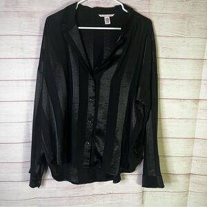 Victoria's Secret Black Collard Satin Silky Striped Long Sleeve Pajama Top XL
